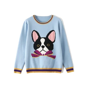 

Cute Cartoon Puppy Head Jacquard Sweaters 2019 Fall Luxury Brand Designer O-neck Knit Pullovers Sweet Blue Sweater Women P-003