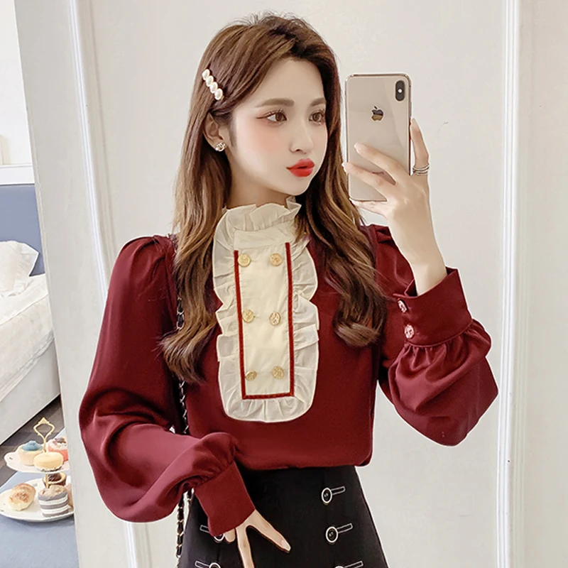 Victorian Vintage Women Long Sleeve Shirts Tuxedo Blouses Vintage Korean Spring Sweet Ruffles Ladies Blouse Office Lady Sweet