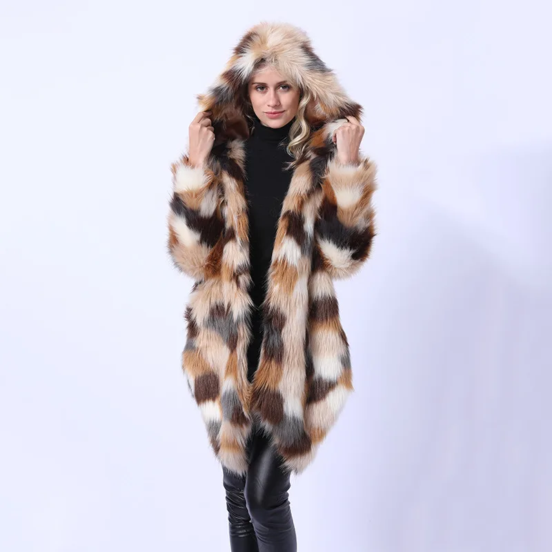 ZADORIN/зимнее меховое пальто для женщин; большие размеры; теплое Асимметричное пальто с капюшоном из искусственного лисьего меха; винтажная куртка с длинными рукавами; женская уличная одежда