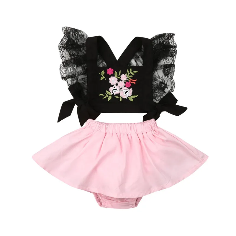 Милый комплект одежды для маленьких девочек черные кружевные буффы на рукавах