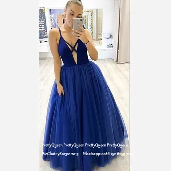 

Royal Blue Tulle Formal Evening Dress Long A Line Criss Cross Spaghetti Strap Elegant Women Prom Dresses Robe De Soiree