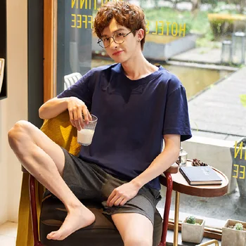 

2020 New Style Korean-style Men Loose Short Sleeve Shorts Crew Neck Pullover Pure Cotton Two-Piece Suit Male Booth Goods on Beha