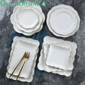 

Ceramic Plate Nordic Gold Embossed Butterfly Round Square Western Food Plate Bone China Dessert Plate Home Kitchen Supplies