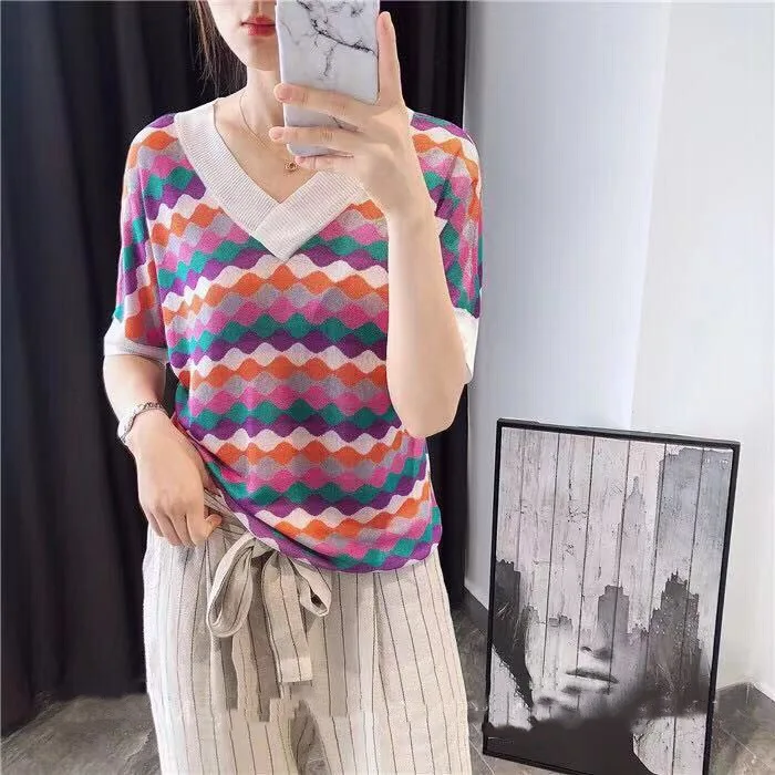

100% Rayon Breathable Cool Rainbow Wave V-neck Ultra-thin Summer Sweater Short-sleeved T-shirt Tops Women