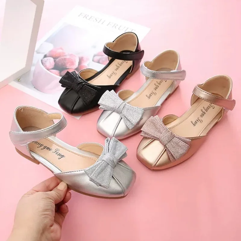 Gold Silver Black Children leather shoes Girls Princess Shoes For Wedding Party Kids bow Soft soles Single shoes chaussure fille