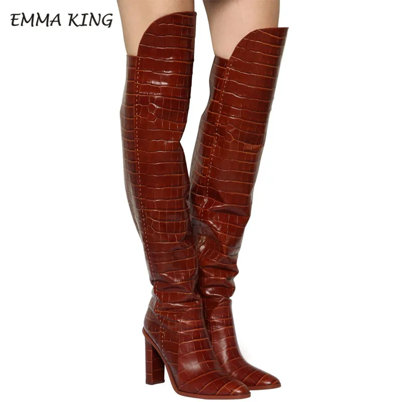 

EMMA KING Women's Winter Crocodile Pattern Boot Sexy Pointed Toe Over-the-Knee Boots Fashion Show Heel Female Shoes Plus Size 43