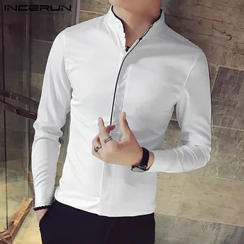 

Men's Dress Shirt Solid Color Brand Long Sleeve Stand Collar Fitness Clubwear Blouse Fashion Business Men Shirts S-5XL INCERUN