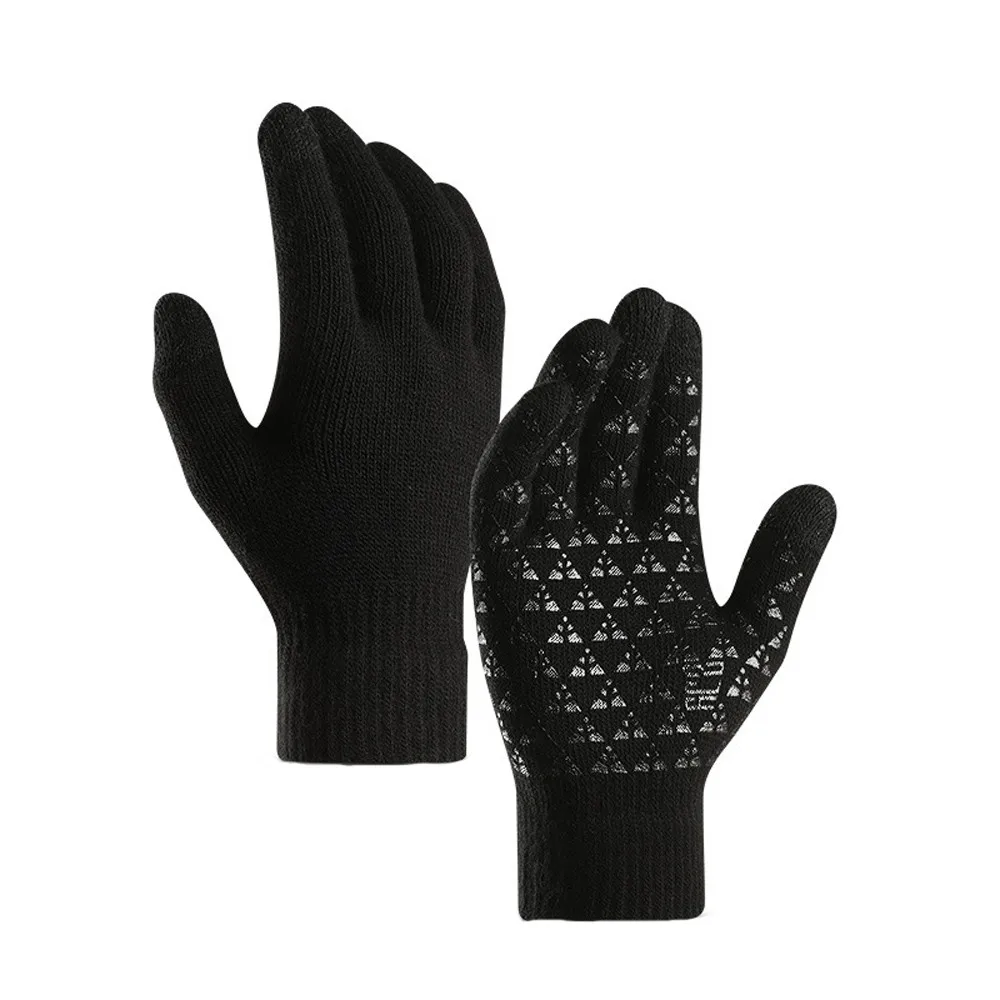 Зимние перчатки для мужчин и женщин трикотажные противоскользящие эластичные манжеты ветрозащитные теплые сенсорный экран для велоспорта на открытом воздухе - Цвет: BK