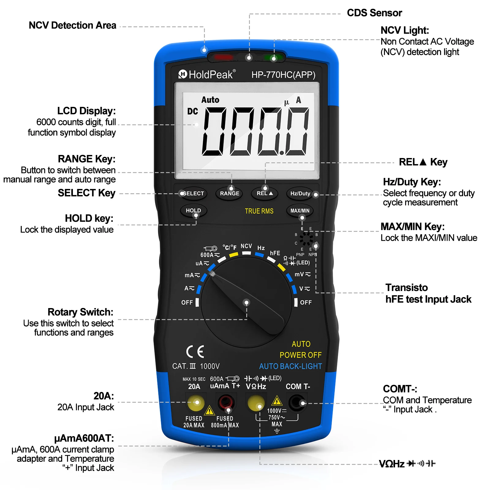 HoldPeak HP-770HC-APP True RMS Auto Ranging Digital Multimeter with NCV Feature and Temperature/Duty Cycle Test with Bluetooth