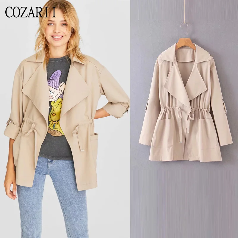 

COZARII 2019 casual style solid belt elastic waist full sleeve women jacket casaco feminino jaqueta feminina plus size tops