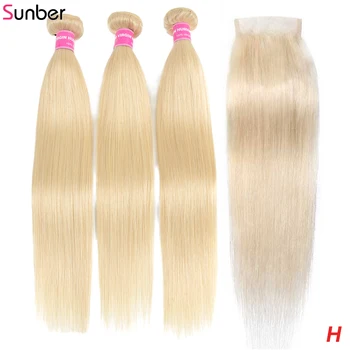 

Sunber 613 Bundles With Closure Remy Hair extension 8-24 inches Double Weft Peruvian Ombre 3/4 Bundles with Closure