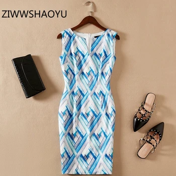 

ZIWWSHAOYU Women Summer Plaid Print Slim Fit Pencil Dress Runway Designer Ladies Sleeveless Back Zip Mini Short Dresses Vestidos