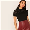 SHEIN черный сетчатый хомут, облегающий Топ, прозрачная футболка, Женская Осенняя футболка с коротким рукавом, элегантное, со стоячим воротником, тонкая футболка, топы