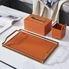 European Modern Simple Accents Home Tabletop Rectangle Shape Orange Leather Storage Tray With Gold Plating Metal Standing Way 4