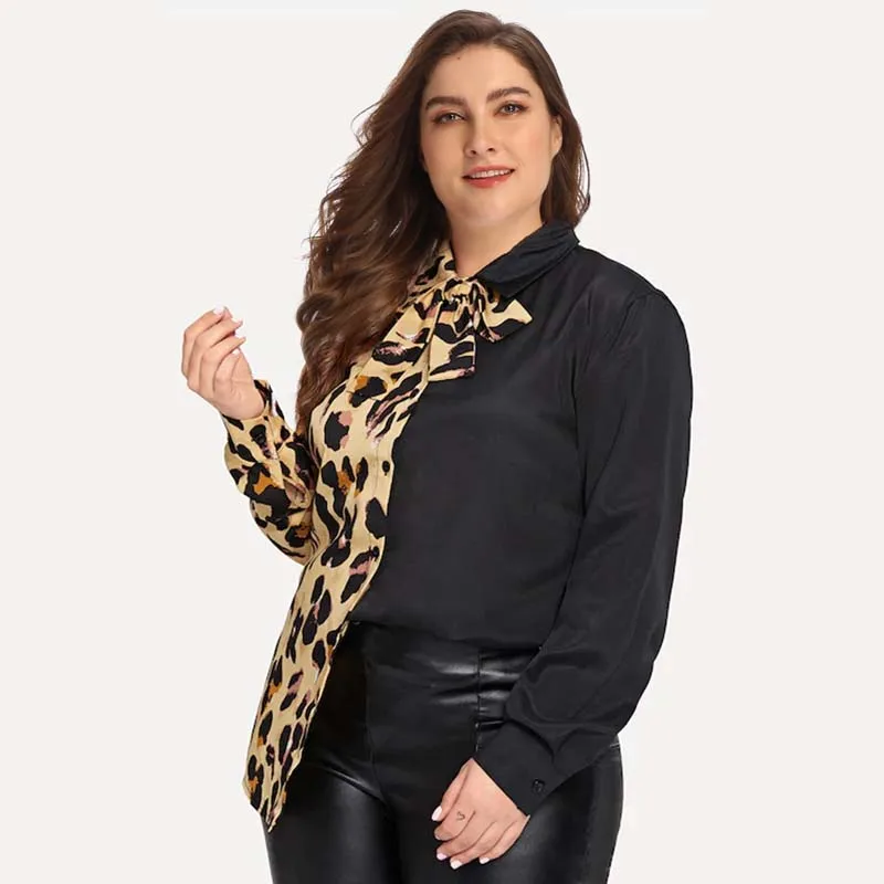 

Autumn Women Blouse Leopard Print Stitching Shirt Long sleeve Bow tie Top Loose Blouses Plus Size Shirt Camisa Feminina Clothing