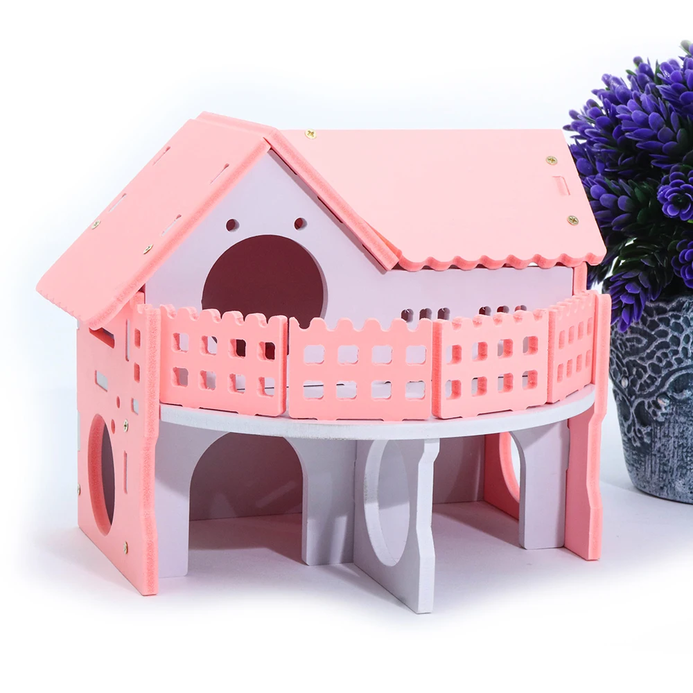 Нетоксичный домик для крыс для мыши, деревянный хомяк, двухслойный вилла, домик для маленьких животных, замок, домик для домашних животных - Цвет: Pink