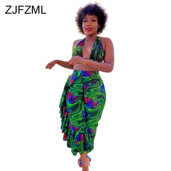 

Print Sexy 2 Piece Set Womens Clothes Halter Sleeveless Backless Bra Top + High Waist Ruffles Spliced Pants Summer Tracksuits