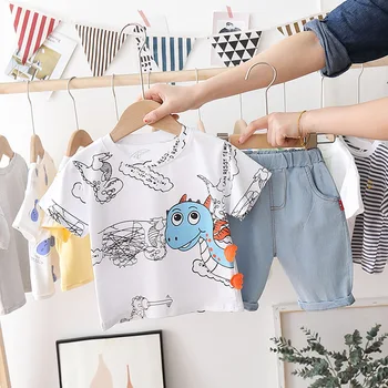 

12M-5Y Cartoon Print Short Sleeve+Denim Shorts 2Pcs Boys Clothing Sets Cute Dinosaur Boy Clothes 2020 Summer Travel Fashion Gift