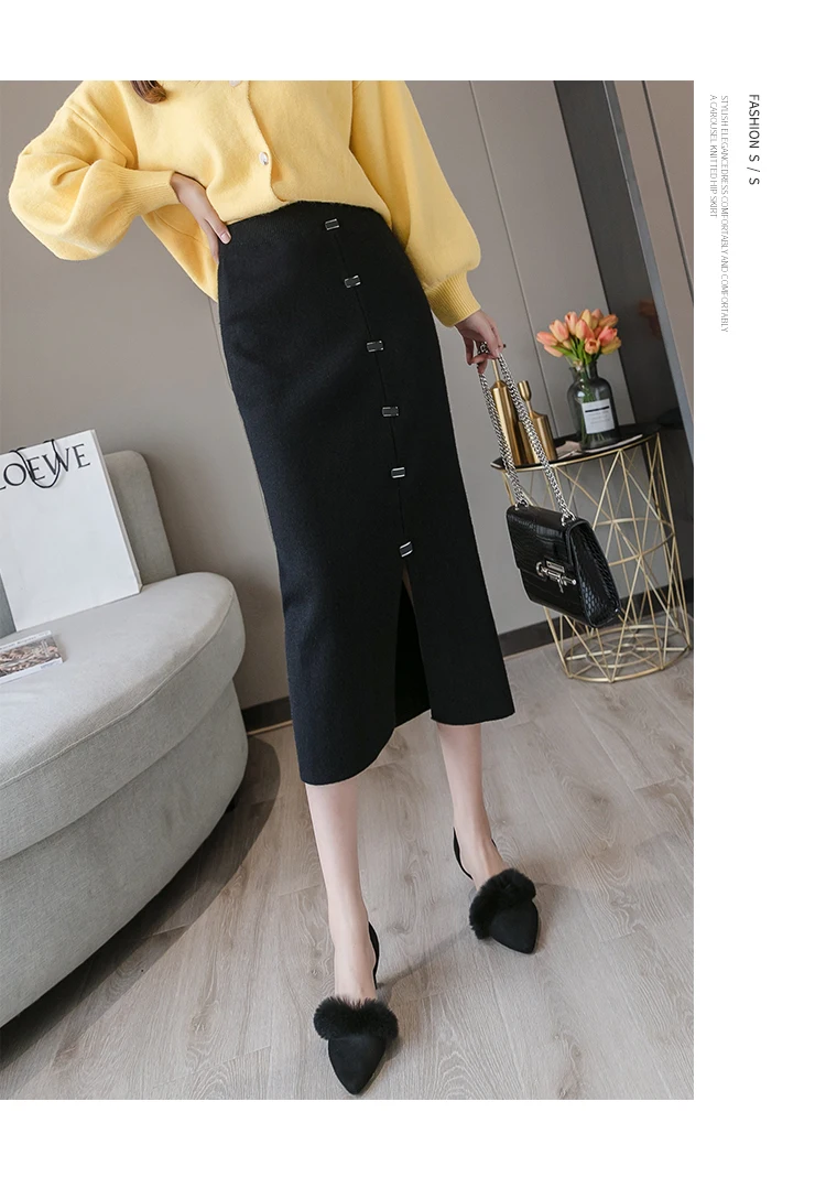HAYBLST Brand Skirt Womens Autumn Casual Fashion Tight Korean Style Patchwork Package Buttocks Open Fork Rabbit Wool Skirts