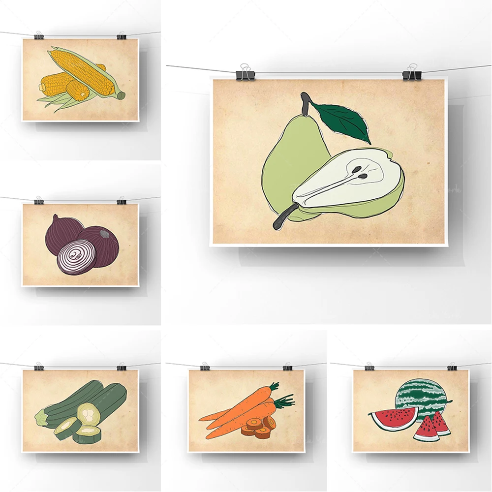 Fruit and Vegetable Printing | Retro Style Wall Art Print | Fruit and Vegetable Illustration Frameless Poster | Kitchen Art Wall