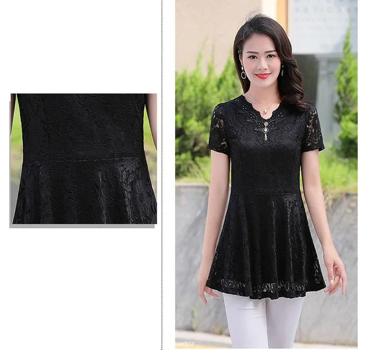 UHYTGF Womens Blouse Hollow Lace V-Neck Pullover Solid Wild Summer Shirt Elegant Female Clothing Chiffon 5XL Big Size Tops 2085