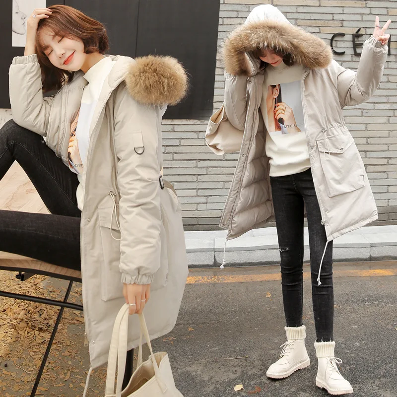 

Hooded Fashion Simple Long Sleeve Pocket Large Fur Collar Warm Comfortable 2018 Autumn & Winter Solid Color Cotton Overcoat
