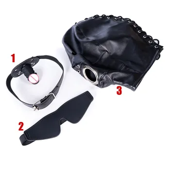 SM Leather Hood Blindfold,Head Harnes Mask With Dildo Penis Mouth Gag,Fetish Slave BDSM Bondage Gimp,Adult Sex Toy For Women Men 6