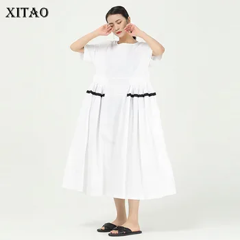 

XITAO Solid Color Ribbon Stitching Dress Women Plus Size Waist Folds Short Sleeve Loose Oversized Dresses Summer New 2020 XJ4895