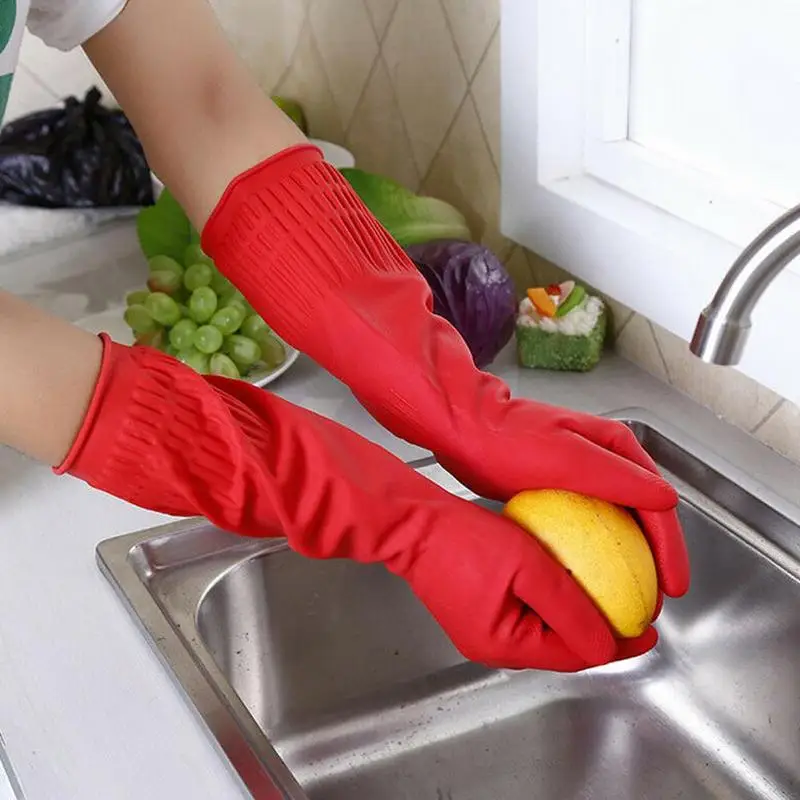 Red Gloves Washing Dishes Cleaning Waterproof Rubber Sleeve Gloves Latex Long Gloves  Kitchen Tool 2