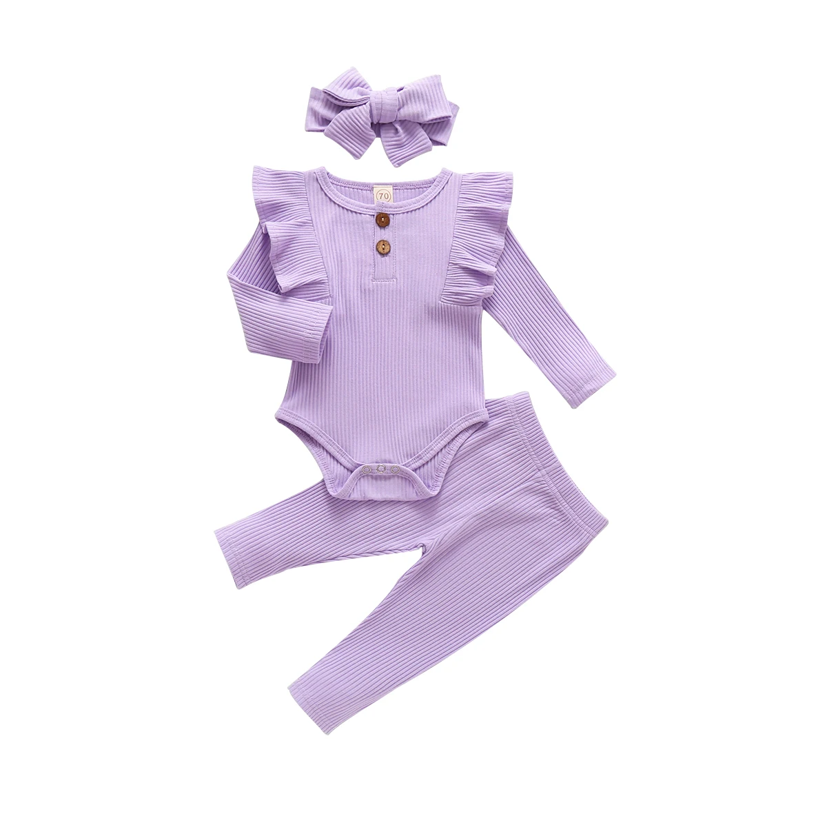 

Newborn Baby Girls Long-sleeved Bodysuit Trousers + Headband Ruffle Simple Solid Color Spring autumn Clothing