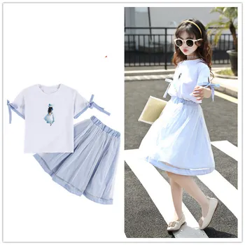 

Fashion Teenage Girls Princess Clothing Set Summer Kids Short Sleeve Bow T shirt + Skirt Elegant Children Clothing Set 4-13Years