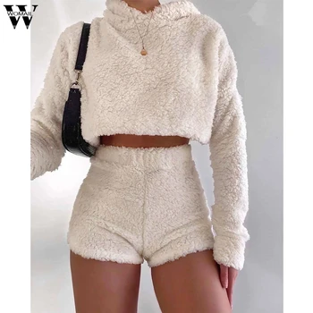 

Womail Two Piece Set Women Velvet Sweater+bike shorts Suit Long sleeve Fleece Crop Tops Sports 2 Pieces Set Women Knit Tracksuit