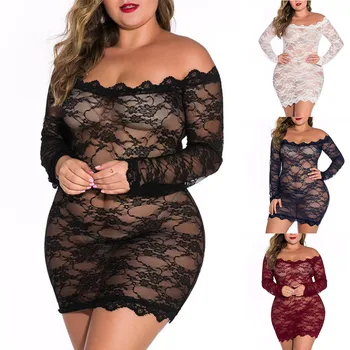 

Plus Size Sexy Women Print Casual Lingerie Nightdress Sexy Perspective Lace Pajamas Tight Body Underwear Slash Neck Polyester LW