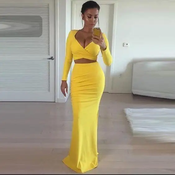 

Long Sleeve Two Pieces Yellow Evening Dresses Robe De Soiree Mermaid V-neck Prom Party Gowns Custom Made