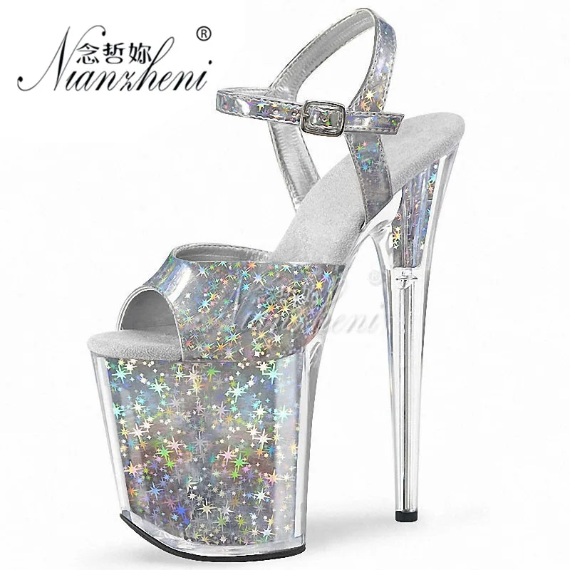 

Patent leather Novelty Crystal Clear Women's Sandals 8 inches Trend paint All match 20CM Cross dressing Party Dress Small Size