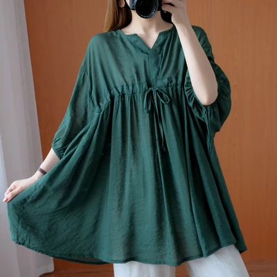 

Summer Women Simple Solid Color Loose Pullover Drawstring Bat Sleeve Shirt V-neck Casual Yellow Green Oversize Tops T-shirt