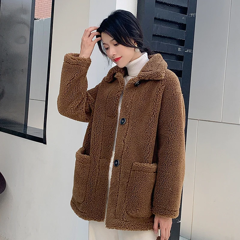 Женская одежда Зимняя верхняя одежда пальто новая овечья шерсть кашемировое короткое пальто 1023 - Цвет: Teddy Brown