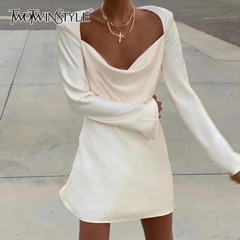 

TWOTWINSTYLE Vintage Satin Women Dress Square Collar Flare Long Sleeve High Waist Mini Loose Casual Dresses For Female Clothing