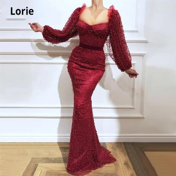 

LORIE Elegant Long Sleeves Burgundy Celebrity Evening Dresses Mermaid 2020 with Pearls Saudi Arabia Dubai Sexy Formal Prom Gown