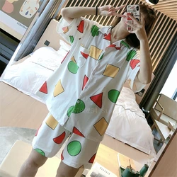 2021 New Short Sleeve Pajamas Set for Women Polyester Silk Sleepwear 2Pcs Nightwear Cute Print Homewear Summer Lounge Pyjamas