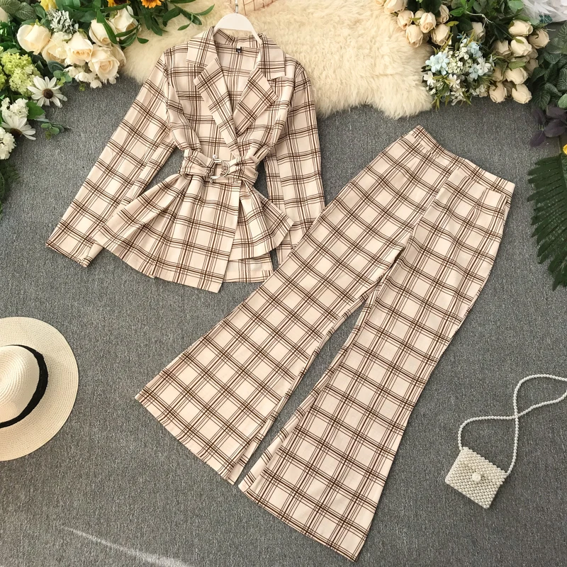 Neploe Temperament Office Work Style 2 Pcs Women Set Slim Waist Plaid Irregular Blazer+ High Waist Hip Horn Trousers Autumn47334