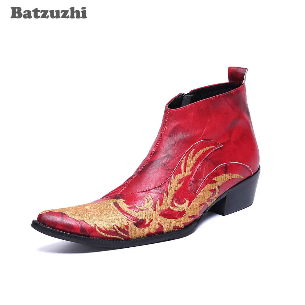 Batzuzhi 6.5cm Heels High Men Boots Shoes Fashion Handmade Leather Ankle Boots Men Red Party and Wedding Boots for Men Botas