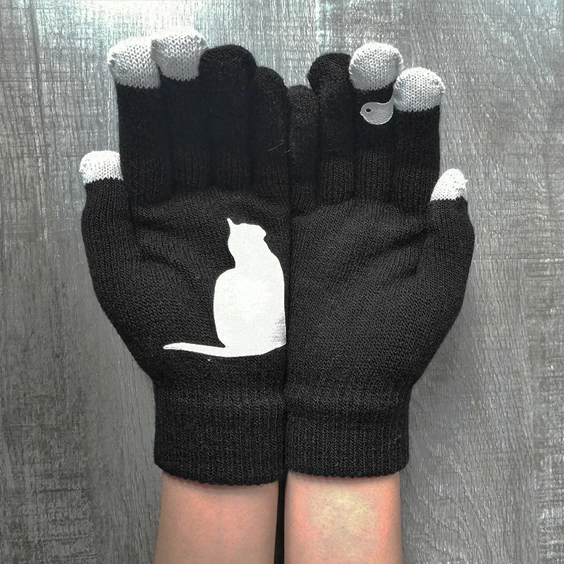 Зимние теплые кашемировые перчатки WEPBEL, толстые шерстяные вязаные перчатки с рисунком кота, мужские и женские рождественские перчатки - Цвет: Черный