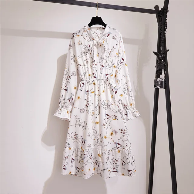 

2020 Spring Autumn Floral Dress Long Sleeve Casual Ruffles Drawstring Chiffon Dress Women Sweet Party Slim Print Dresses Vestido
