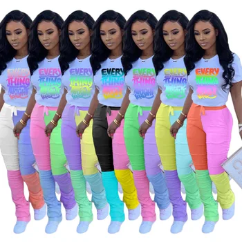 

Two Piece Set Women Letter Print Tops Patchwork Stracked Bell Bottom Jogger Sweatpant Suit Sport Matching Set Outfit