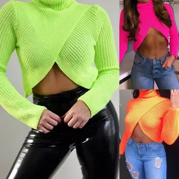 

Womens Sexy Front Bolero Long Sleeve Sweater Turtleneck Knit Sweater Pullover Sweaters 2020 Autumn Mujer Warm Soft Sweaters Tops