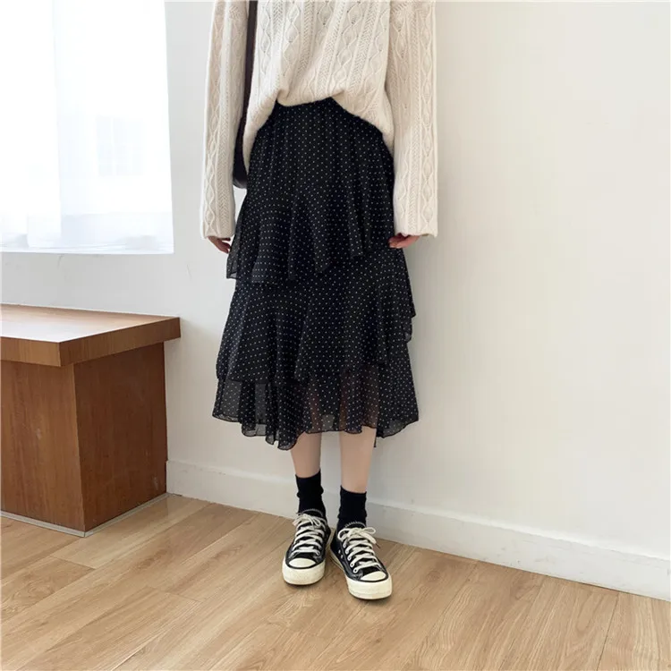 Autumn Winter Large Size Tulle Skirts Womens Black Dot Tulle Skirt Elastic High Waist Chiffon Fishtail Half-length Skirt XL-4XL - Цвет: Black