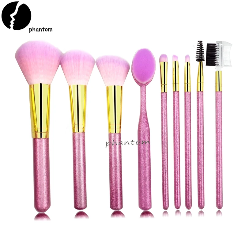 

9PCs Princess Pink Glitter Powder Makeup Brush Set with Bucket Crystal Eyeshadow Eyebrow Brush Foundation Blush Cosmetic brush