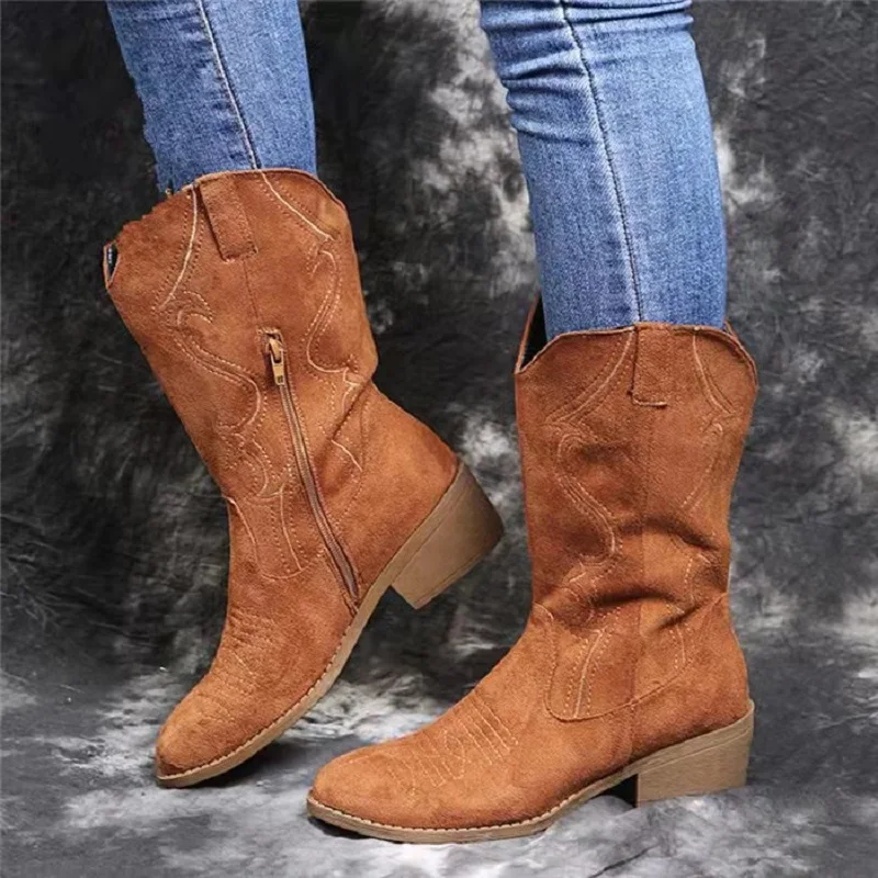 Women's Western Boots Autumn Vintage Long Tube Knight Boots Large Embroidered High-heeled Leather Shoes Knee Length Cowboy Boots