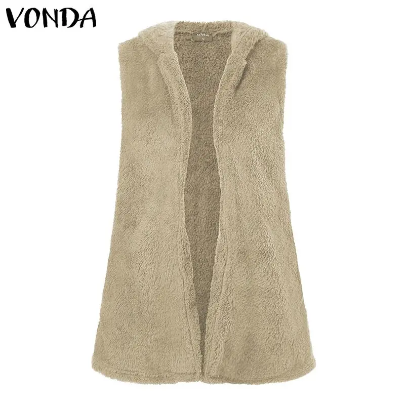 

VONDA Women Casual Sleeveless Shaggy Coats 2019 Winter Solid Color Waistcoats Fleece Plus Cardigan Hoodies Female Overcoats 5XL